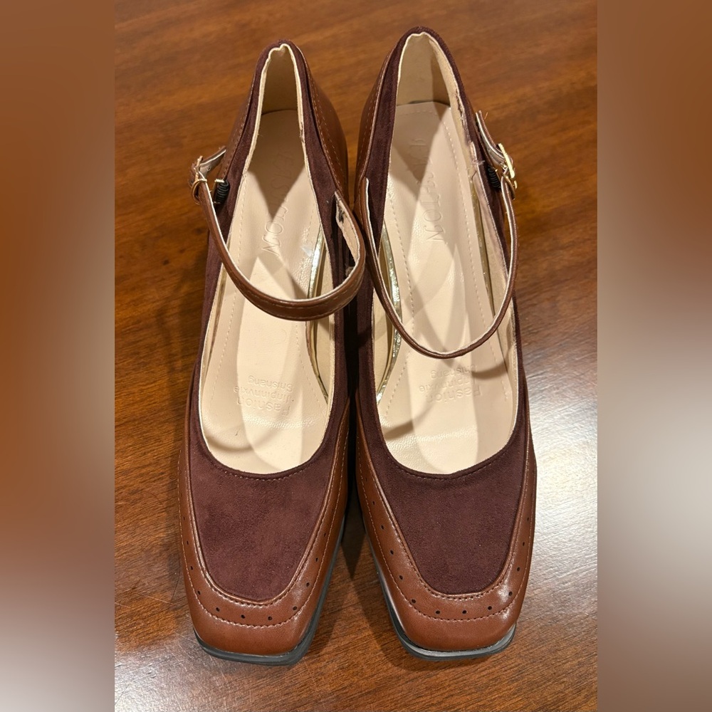 VINTAGE Brown Leather Suede Two-Tone Mary Jane Square-Toe Chunky Mid-Heel Shoes - Picture 3 of 11